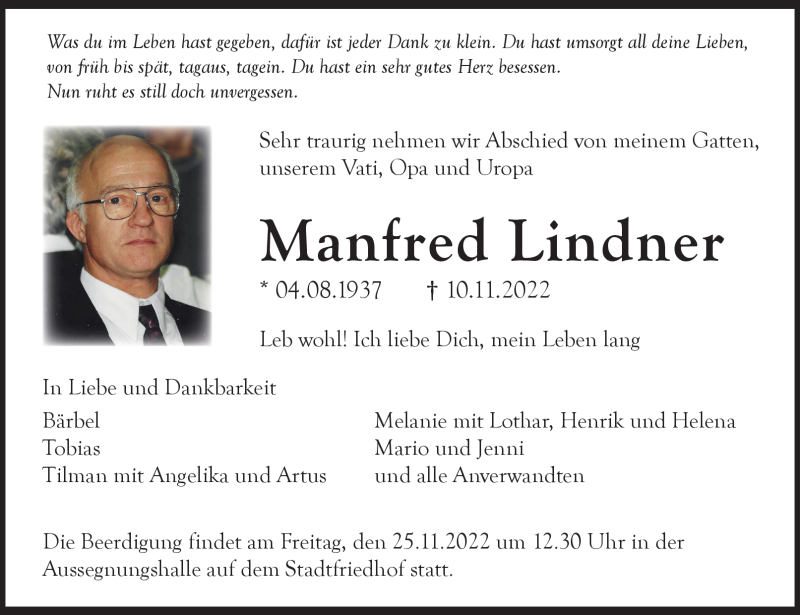  Traueranzeige für Manfred Lindner vom 19.11.2022 aus Nordbayerischer Kurier