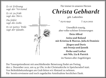 Anzeige von Christa Gebhardt von Nordbayerischer Kurier