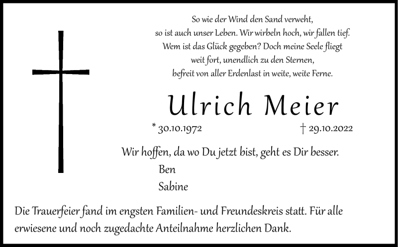  Traueranzeige für Ulrich Meier vom 12.11.2022 aus Nordbayerischer Kurier