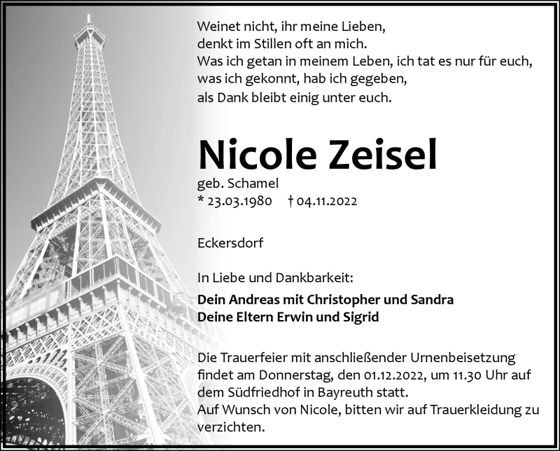  Traueranzeige für Nicole Zeisel vom 26.11.2022 aus Nordbayerischer Kurier