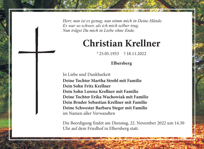  Traueranzeige für Christian Krellner vom 21.11.2022 aus Nordbayerischer Kurier