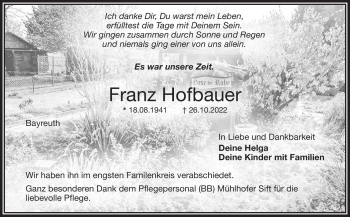 Anzeige von Franz Hofbauer von Nordbayerischer Kurier