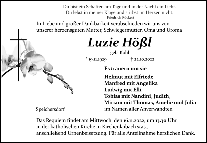  Traueranzeige für Luzie Hößl vom 12.11.2022 aus Nordbayerischer Kurier