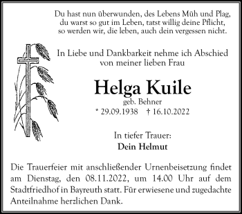 Anzeige von Helga Kuile von Nordbayerischer Kurier