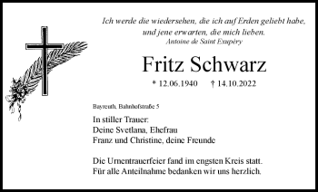 Anzeige von Fritz Schwarz von Nordbayerischer Kurier