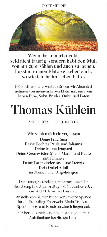  Traueranzeige für Thomas Kühlein vom 05.11.2022 aus Nordbayerischer Kurier