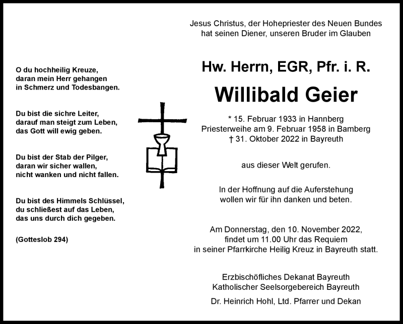  Traueranzeige für Willibald Geier vom 05.11.2022 aus Nordbayerischer Kurier