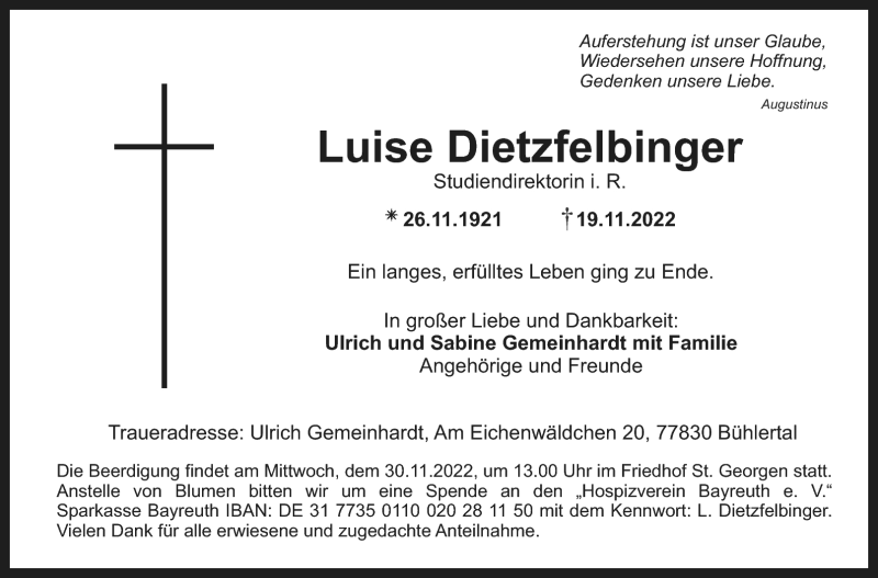  Traueranzeige für Luise Dietzfelbinger vom 26.11.2022 aus Nordbayerischer Kurier