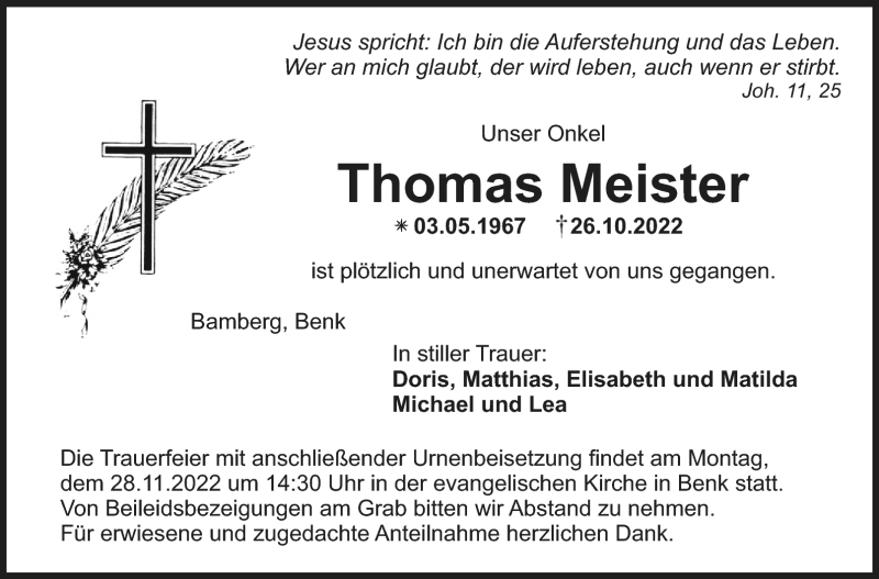  Traueranzeige für Thomas Meister vom 19.11.2022 aus Nordbayerischer Kurier
