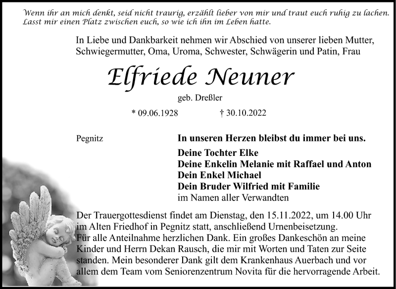  Traueranzeige für Elfriede Neuner vom 12.11.2022 aus Nordbayerischer Kurier