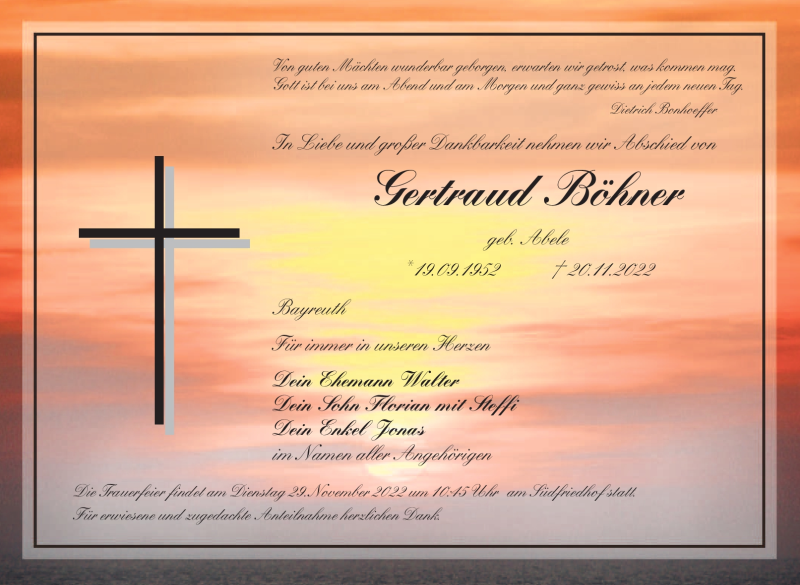  Traueranzeige für ^Gertraud Böhner vom 26.11.2022 aus Nordbayerischer Kurier