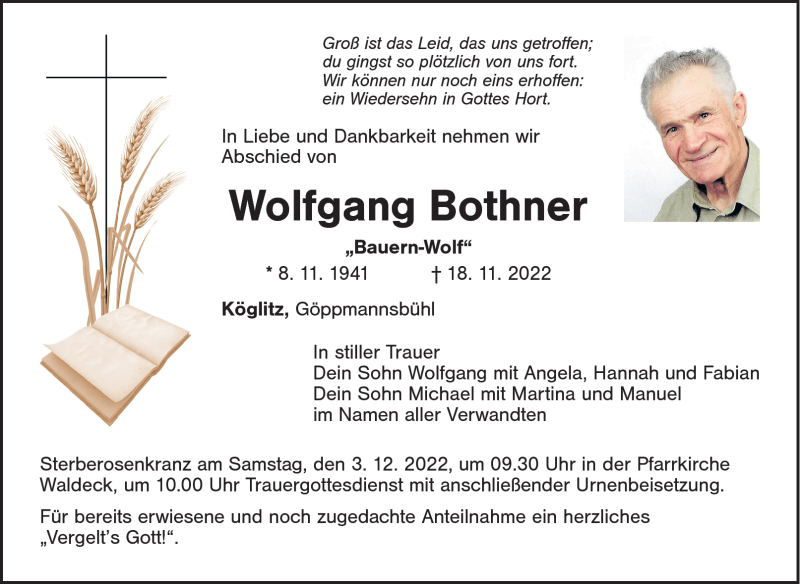  Traueranzeige für Wolfgang Bothner vom 26.11.2022 aus Nordbayerischer Kurier