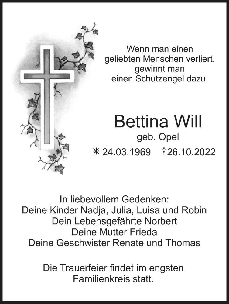  Traueranzeige für Bettina Will vom 12.11.2022 aus Nordbayerischer Kurier