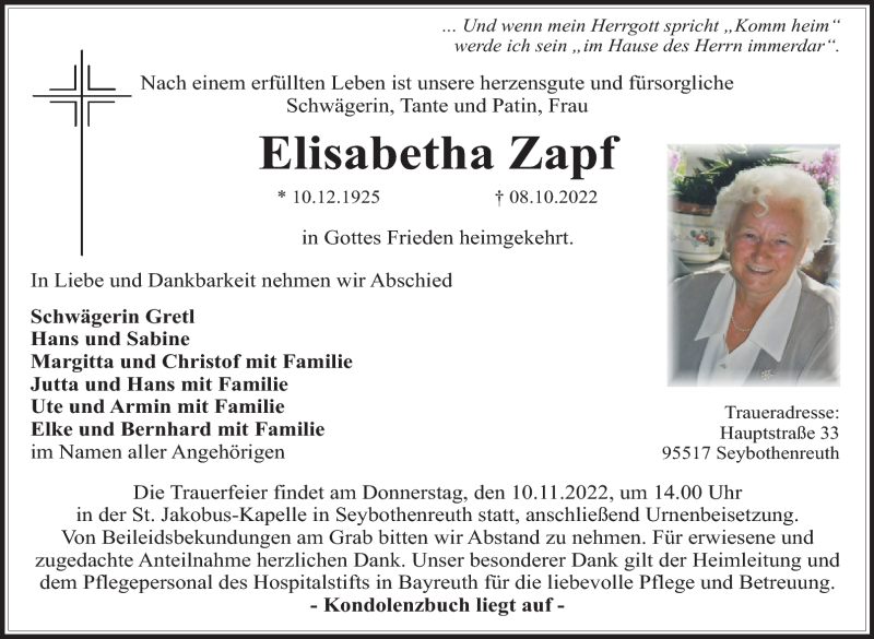  Traueranzeige für Elisabetha Zapf vom 05.11.2022 aus Nordbayerischer Kurier