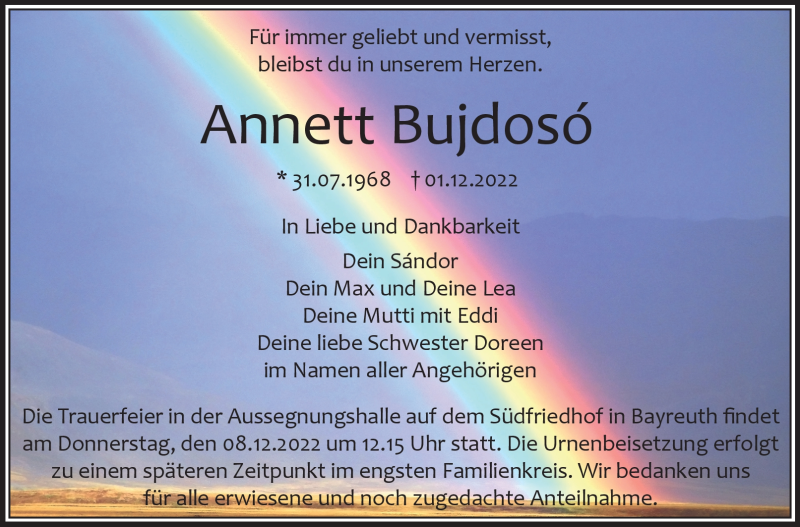  Traueranzeige für Annett Bujdoso vom 06.12.2022 aus Nordbayerischer Kurier