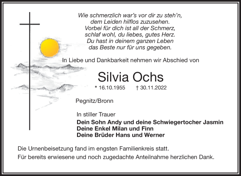  Traueranzeige für Silvia Ochs vom 24.12.2022 aus Nordbayerischer Kurier