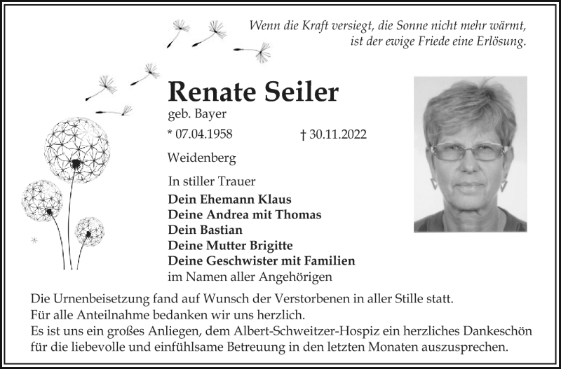  Traueranzeige für Renate Seiler vom 07.12.2022 aus Nordbayerischer Kurier