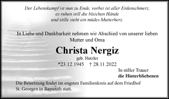 Anzeige von Christa Nergiz von Nordbayerischer Kurier