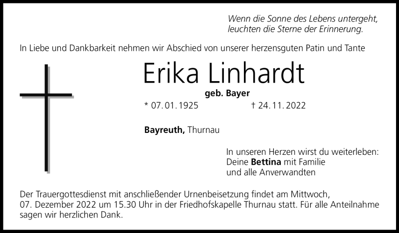  Traueranzeige für Erika Linhardt vom 03.12.2022 aus Nordbayerischer Kurier