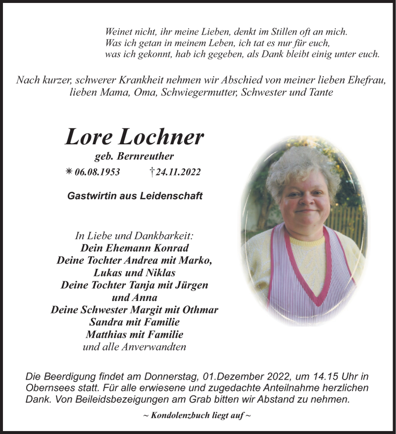  Traueranzeige für Lore Lochner vom 28.11.2022 aus Nordbayerischer Kurier