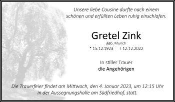 Anzeige von Gretel Zink von Nordbayerischer Kurier
