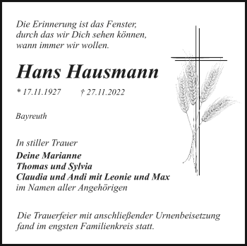Anzeige von Hans Hausmann von Nordbayerischer Kurier