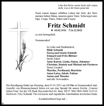 Anzeige von Fritz Schmidt von Nordbayerischer Kurier