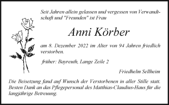 Anzeige von Anni Körber von Nordbayerischer Kurier