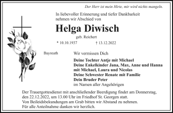 Anzeige von Helga Diwisch von Nordbayerischer Kurier