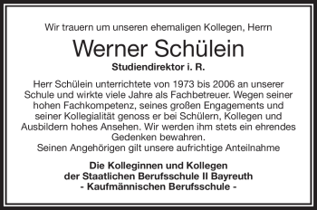 Anzeige von Werner Schülein von Nordbayerischer Kurier