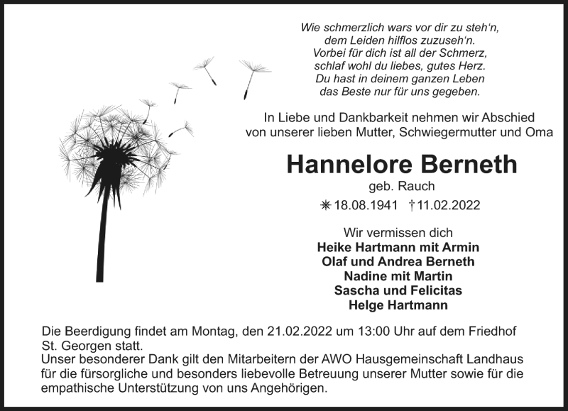  Traueranzeige für Hannelore Berneth vom 16.02.2022 aus Nordbayerischer Kurier
