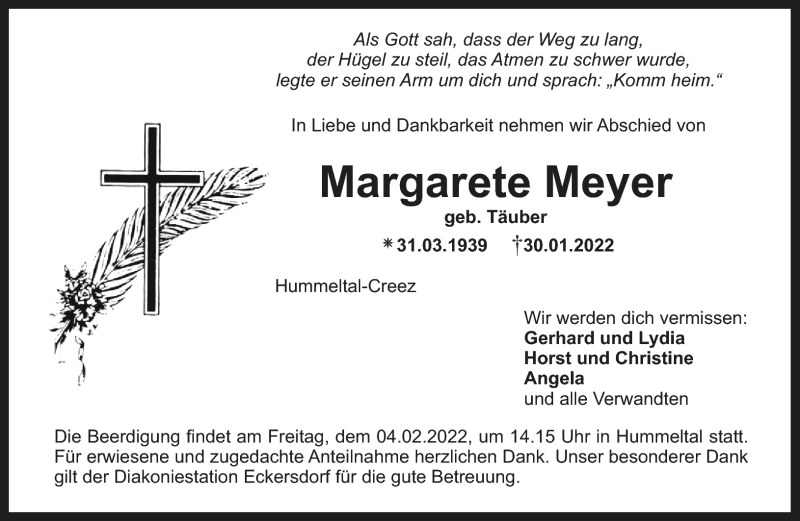  Traueranzeige für Margarete Meyer vom 02.02.2022 aus Nordbayerischer Kurier