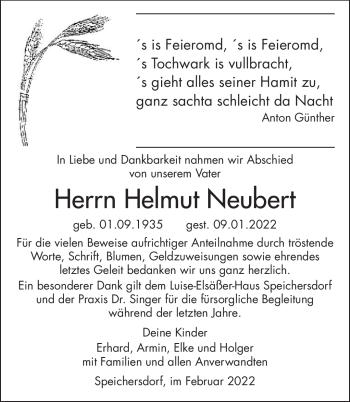 Anzeige von Helmut Neubert von Nordbayerischer Kurier