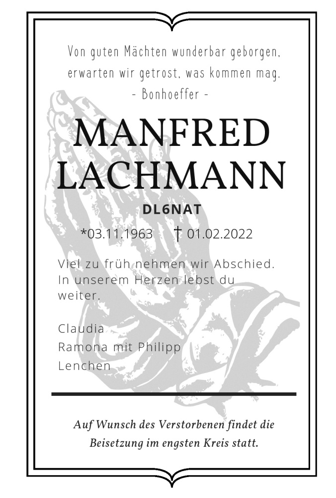  Traueranzeige für Manfred Lachmann vom 05.02.2022 aus Nordbayerischer Kurier