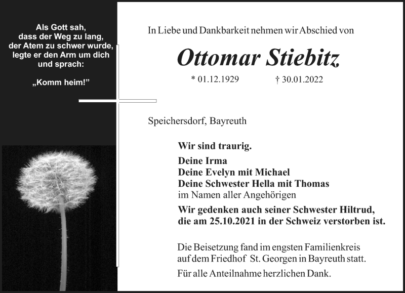  Traueranzeige für Ottomar Stiebitz vom 19.02.2022 aus Nordbayerischer Kurier
