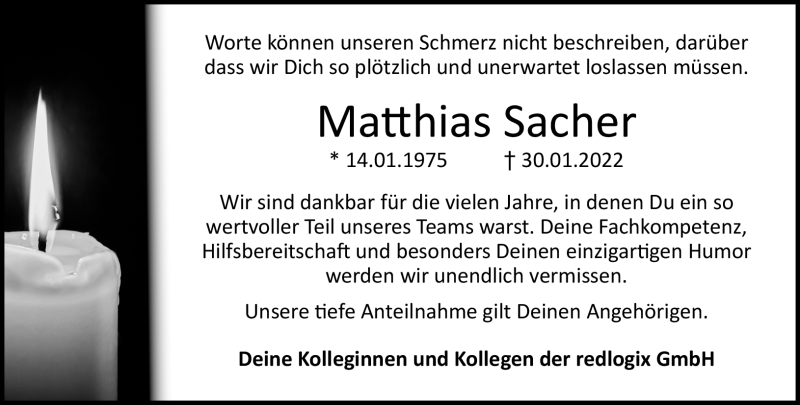  Traueranzeige für Matthias Sacher vom 05.02.2022 aus Nordbayerischer Kurier