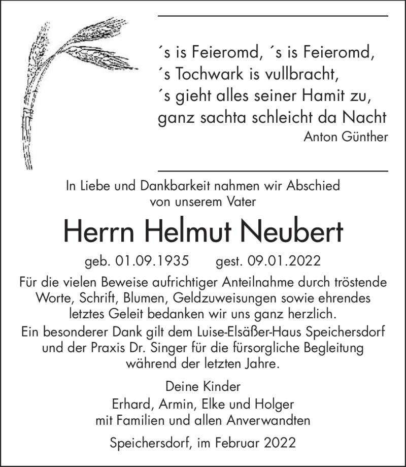  Traueranzeige für Helmut Neubert vom 09.02.2022 aus Nordbayerischer Kurier