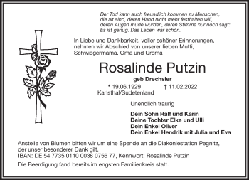 Anzeige von Rosalinde Putzin von Nordbayerischer Kurier