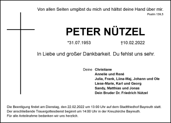 Anzeige von Peter Nützel von Nordbayerischer Kurier