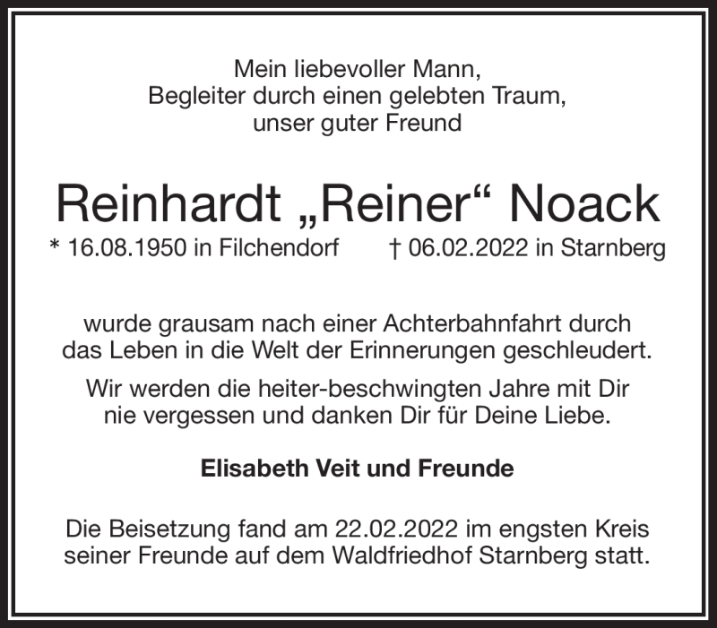 Traueranzeige für Reinhardt Noack vom 26.02.2022 aus Nordbayerischer Kurier