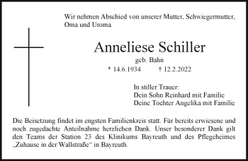 Anzeige von Anneliese Schiller von Nordbayerischer Kurier