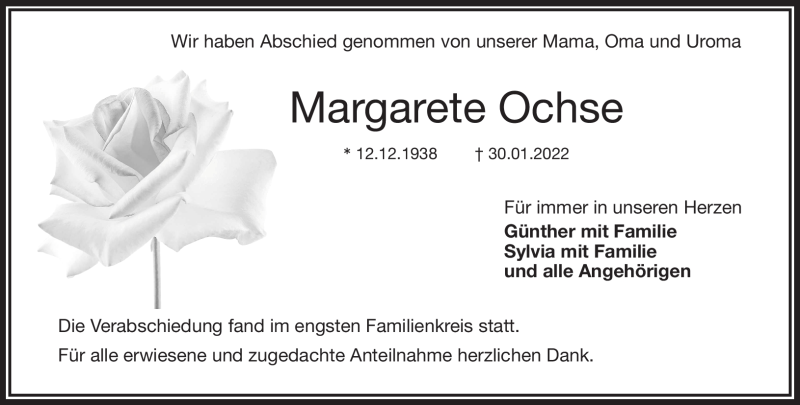  Traueranzeige für Margarete Ochse vom 22.02.2022 aus Nordbayerischer Kurier