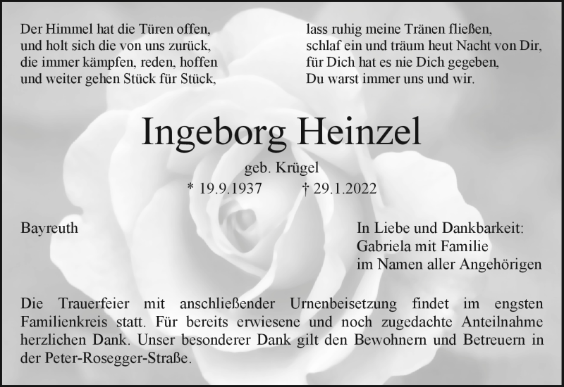  Traueranzeige für Ingeborg Heinzel vom 04.02.2022 aus Nordbayerischer Kurier