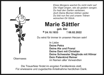 Anzeige von Marie Sättler von Nordbayerischer Kurier