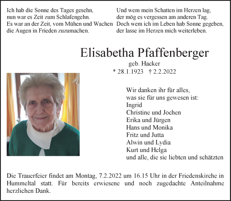  Traueranzeige für Elisabetha Pfaffenberger vom 05.02.2022 aus Nordbayerischer Kurier