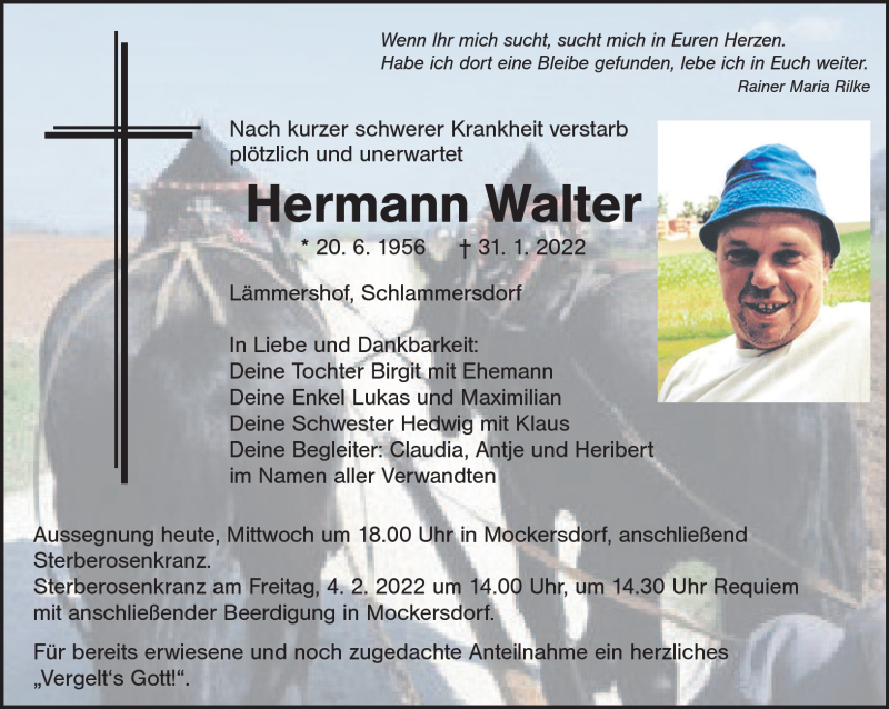  Traueranzeige für Hermann Walter vom 02.02.2022 aus Nordbayerischer Kurier