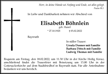 Anzeige von Elisabeth Böhnlein von Nordbayerischer Kurier