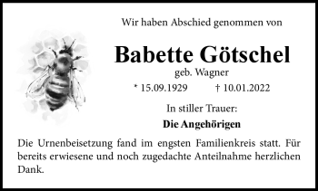 Anzeige von Babette Götschel von Nordbayerischer Kurier