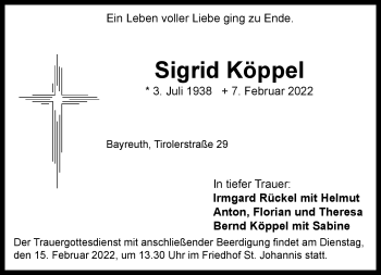 Anzeige von Sigrid Köppel von Nordbayerischer Kurier