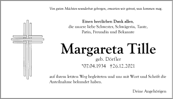 Anzeige von Margareta Tille von Nordbayerischer Kurier